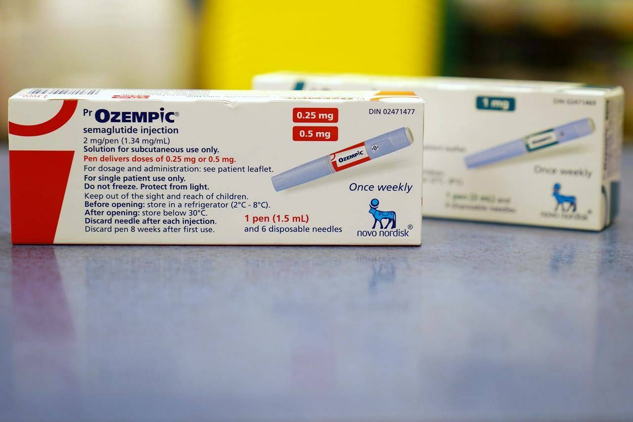 Diabetes drug Ozempic is shown at a pharmacy in Toronto on Wednesday, April 19, 2023. The British Columbia government says there’s been a 99 per cent drop in the number of online Ozempic prescriptions filled by Americans from pharmacies in that province since it introduced regulations to protect the local supply for diabetes patients. THE CANADIAN PRESS/Joe O’Connal
