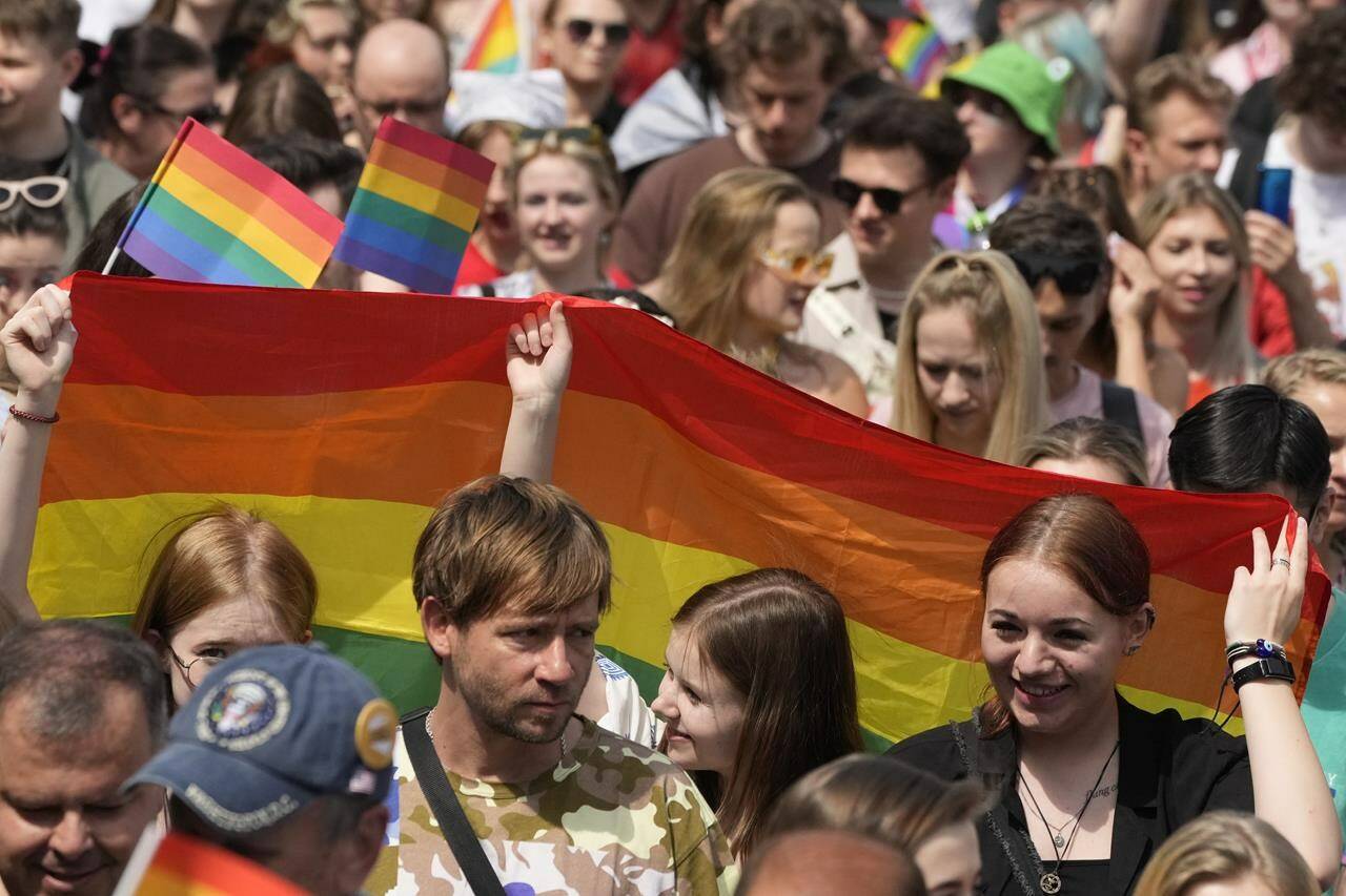 People take part in the Equality Parade, an LGBT pride parade, in Warsaw, Poland, Saturday, June 17, 2023. (AP Photo/Czarek Sokolowski)