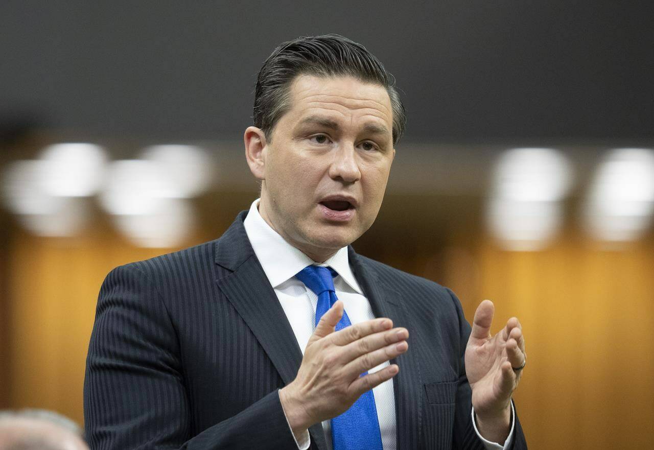 Conservative Leader Pierre Poilievre rises during Question Period, Friday, June 16, 2023, in Ottawa. Poilievre’s attempt to block the federal government’s budget bill from passing earlier this month is the latest example of how government spending has come under scrutiny amid high inflation. THE CANADIAN PRESS/Adrian Wyld