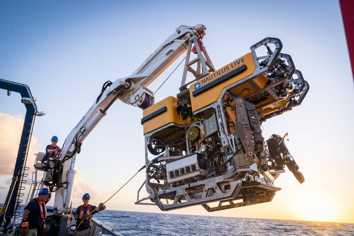 The crew aboard Nautilus get ready to place the main remotely operated vehicle, Hercules, into the water. (Ocean Exploration Trust/Contributed to Black Press Media)
