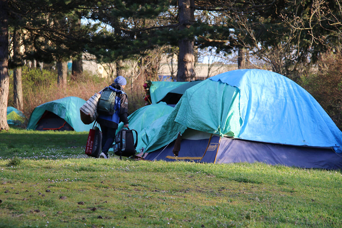Victoria is looking at banning sheltering at Topaz and other parks. Pictured is tents at Topaz Park in 2020. (Black Press Media file photo)