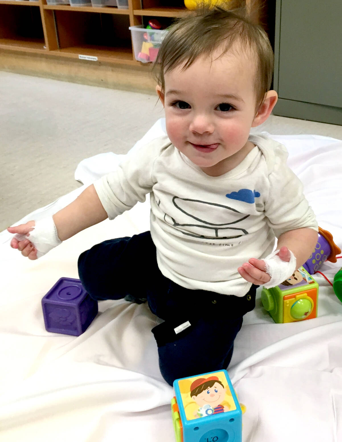 Levi Choo recovering from burns on his hands at B.C. Children’s Hospital. The Choo family received support from B.C. Children’s Hospital and the B.C. Professional Fire Fighters’ Burn Fund in dealing with the ordeal that dates back six years. (Photo submitted by family)