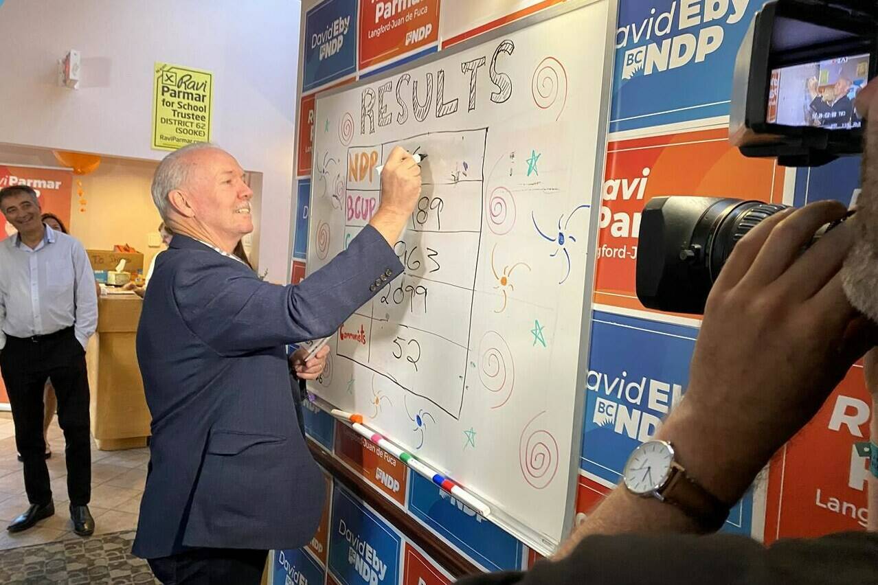 Former premier John Horgan tabulates results in the by-election race in his former riding of Langford-Juan de Fuca in Langford, B.C., Saturday, June 25, 2023. The B.C. NDP won both by-elections Saturday, in Langford and Vancouver-Mount Pleasant. THE CANADIAN PRESS/Dirk Meissner