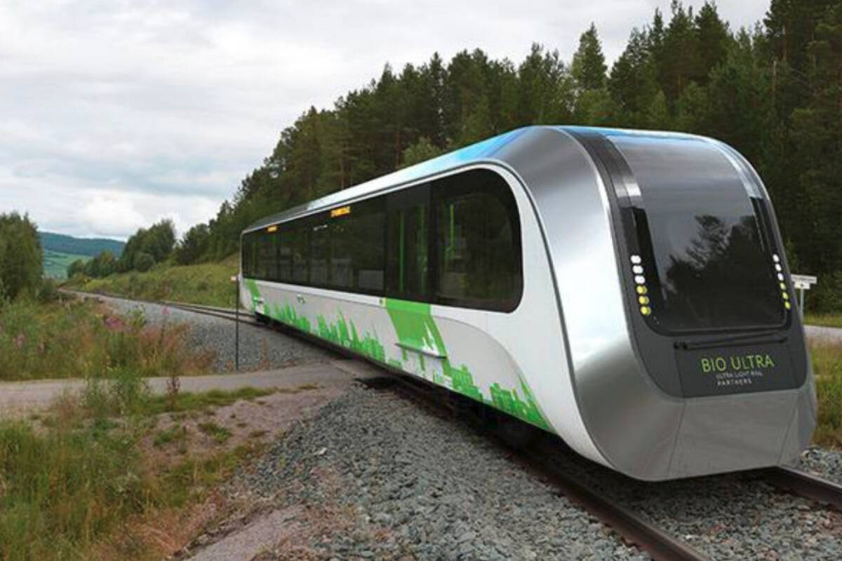 A rendering shows what a proposed ultra-light rail unit could look like on the West Shore. ThinkEco Power is pitching the battery-powered train trial to several West Shore municipalities and the CRD, with View Royal and Colwood already putting their support behind the proposal. (Courtesy of ThinkEco Power)