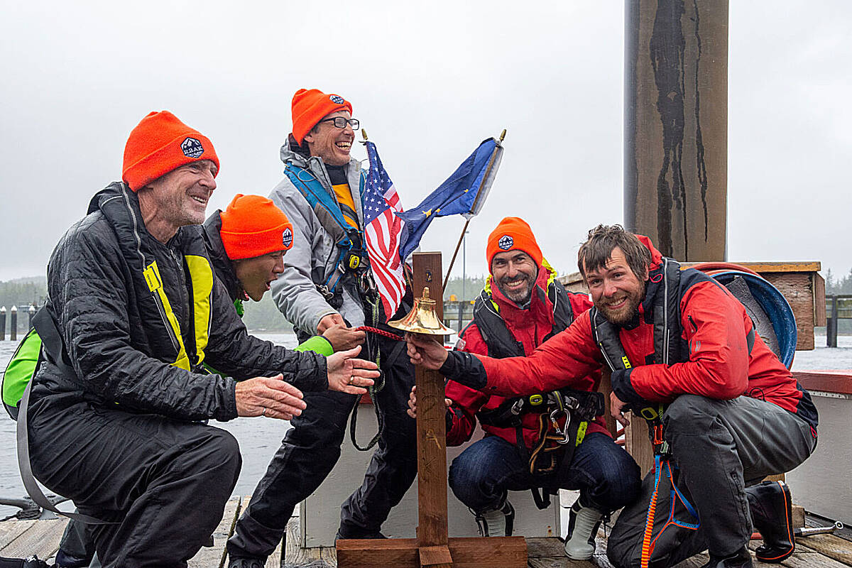 Crew members of Unfinished Business celebrate their completion of the 750-mile Race to Alaska in Ketchikan on June 16, 2023. (Photo from R2AK’s Facebook page)