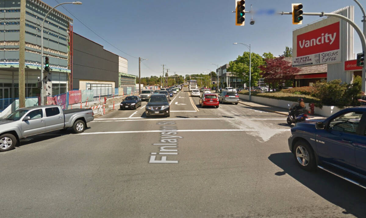 Douglas Street and Finlayson Street saw 232 crashes between 2018 and 2022, according to ICBC data. (Google Street View)