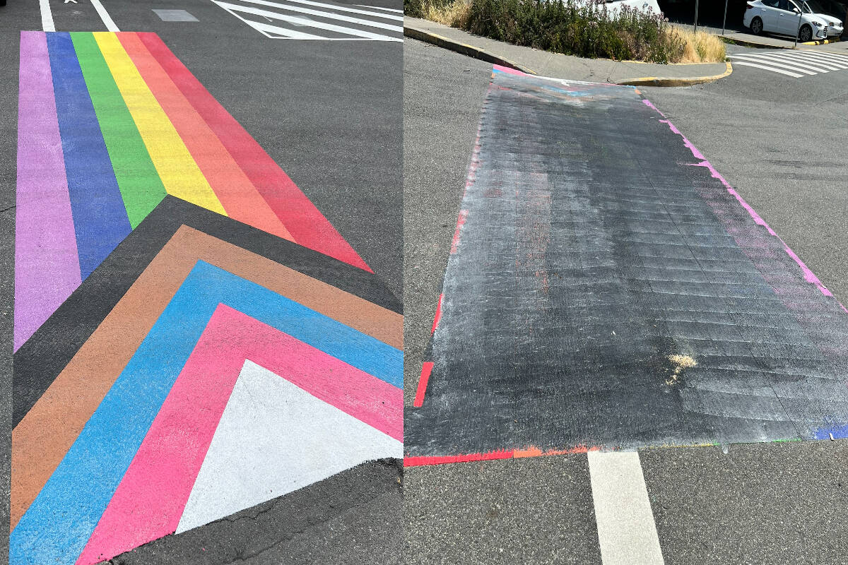 The Pride crosswalk at G. R. Pearkes Recreation Centre was vandalized overnight on June 27. (Courtesy Saanich Police Department)