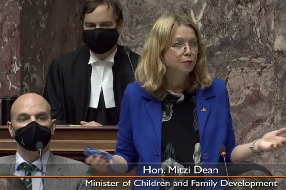 Mitzi Dean, B.C.s minister of children and family development, speaks in the B.C. legislature, Nov. 24, 2021. The British Columbia government says staff members at the Children’s Ministry who failed to check on two Indigenous children who were systematically abused by their foster parents have lost their jobs. (Hansard TV)