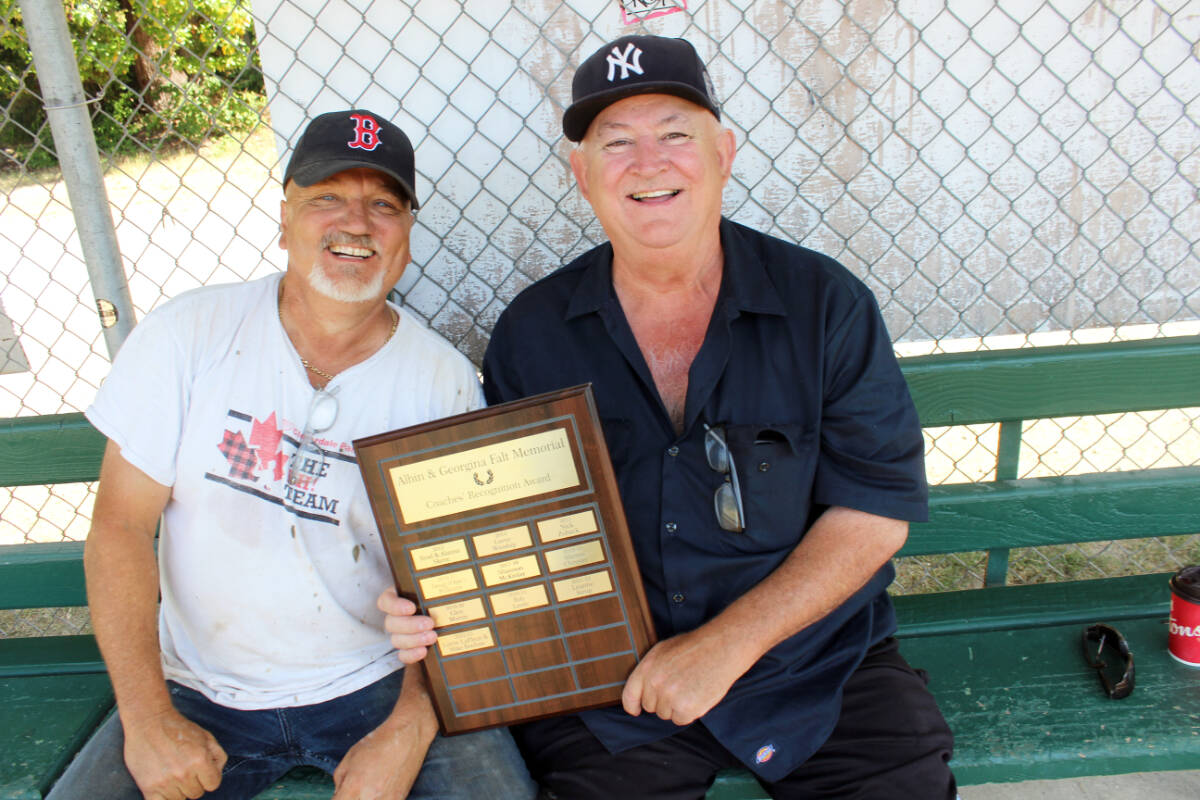 Mike Rochon, left, and Lorne LaFleur are co-winners of the Albin & Georgina Falt Memorial Coaches’ Recognition Award for 2022-23. (Photo by Don Bodger)