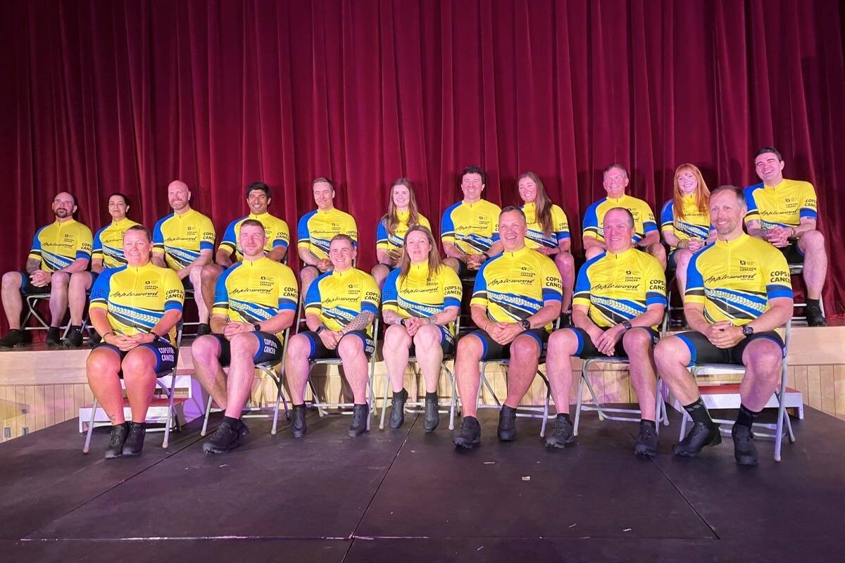 The 19-rider 2023 Cops for Cancer Tour de Rock team includes five West Shore RCMP officers, two from Saanich and one from the Canadian Military Police based in Esquimalt. The team that rides the Island to raise funds for the Canadian Cancer Society this fall was announced May 12 at St. Margaret’s School in Saanich. (Christine van Reeuwyk/News Staff)