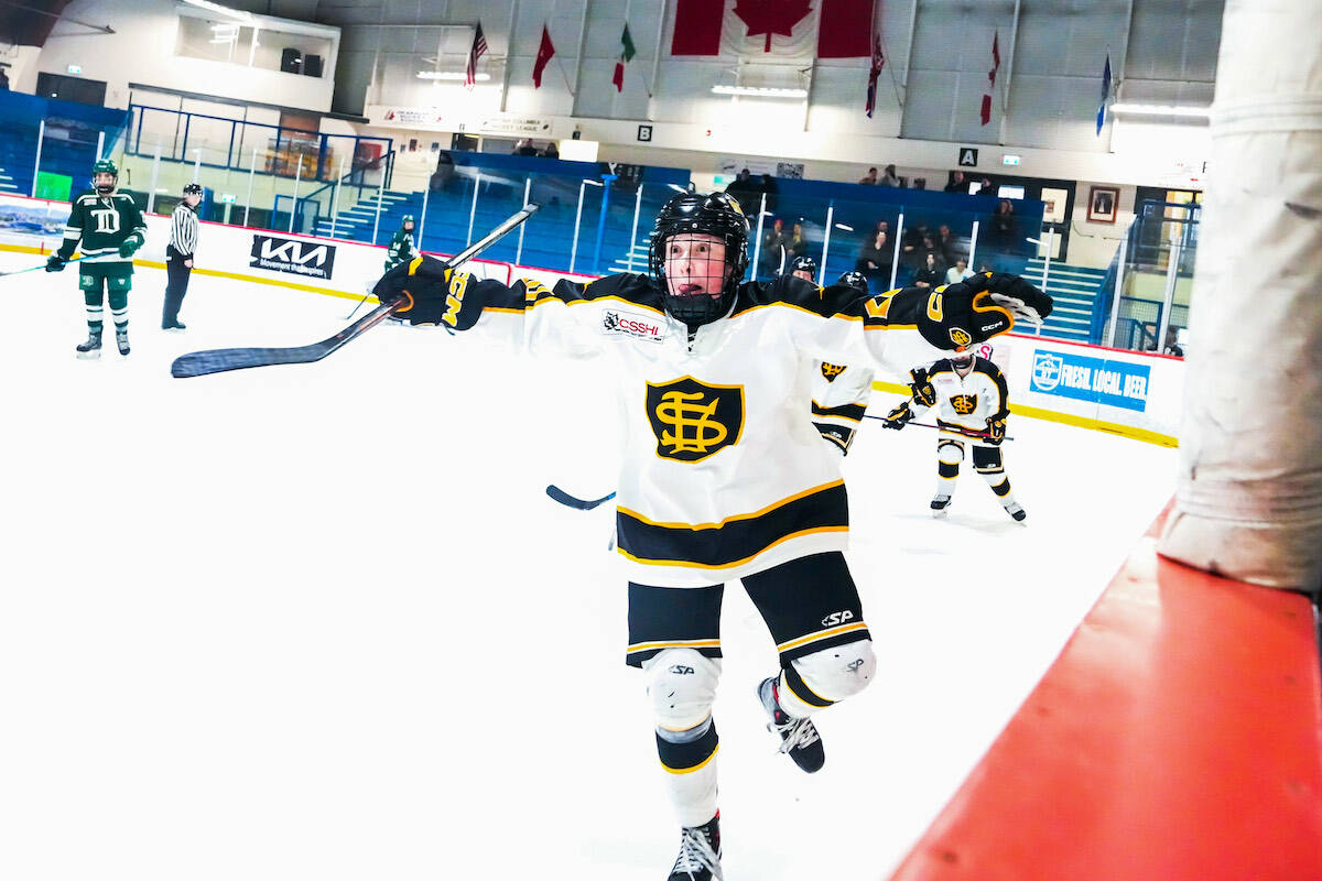 Charlotte Swanton celebrating in game three of the 2023 CSSHL playoffs. (Contributed Charlotte Swanton/Shawnigan Lake).