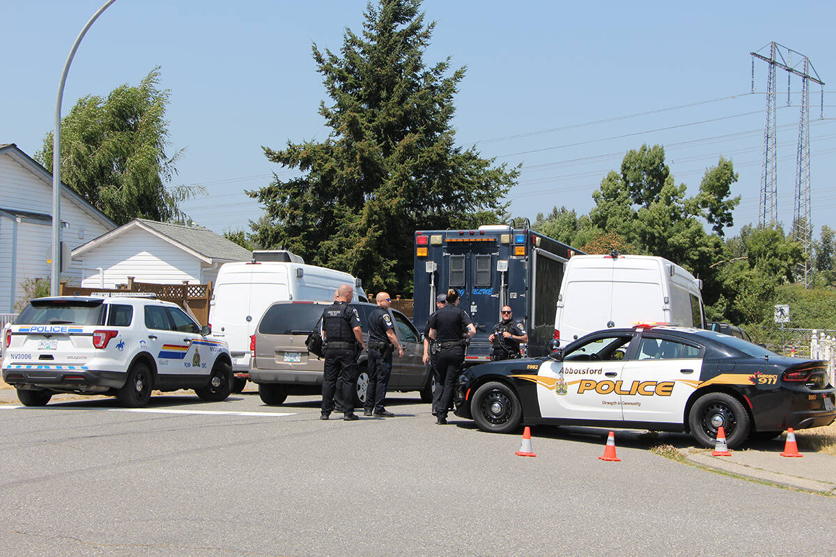 A large police presence was on hand on July 5, 2021 on Clinton Avenue in Abbotsford after the body of Christopher Hood was found in a parking lot of Clearbrook Park in Abbotsford. (Vikki Hopes/Abbotsford News)