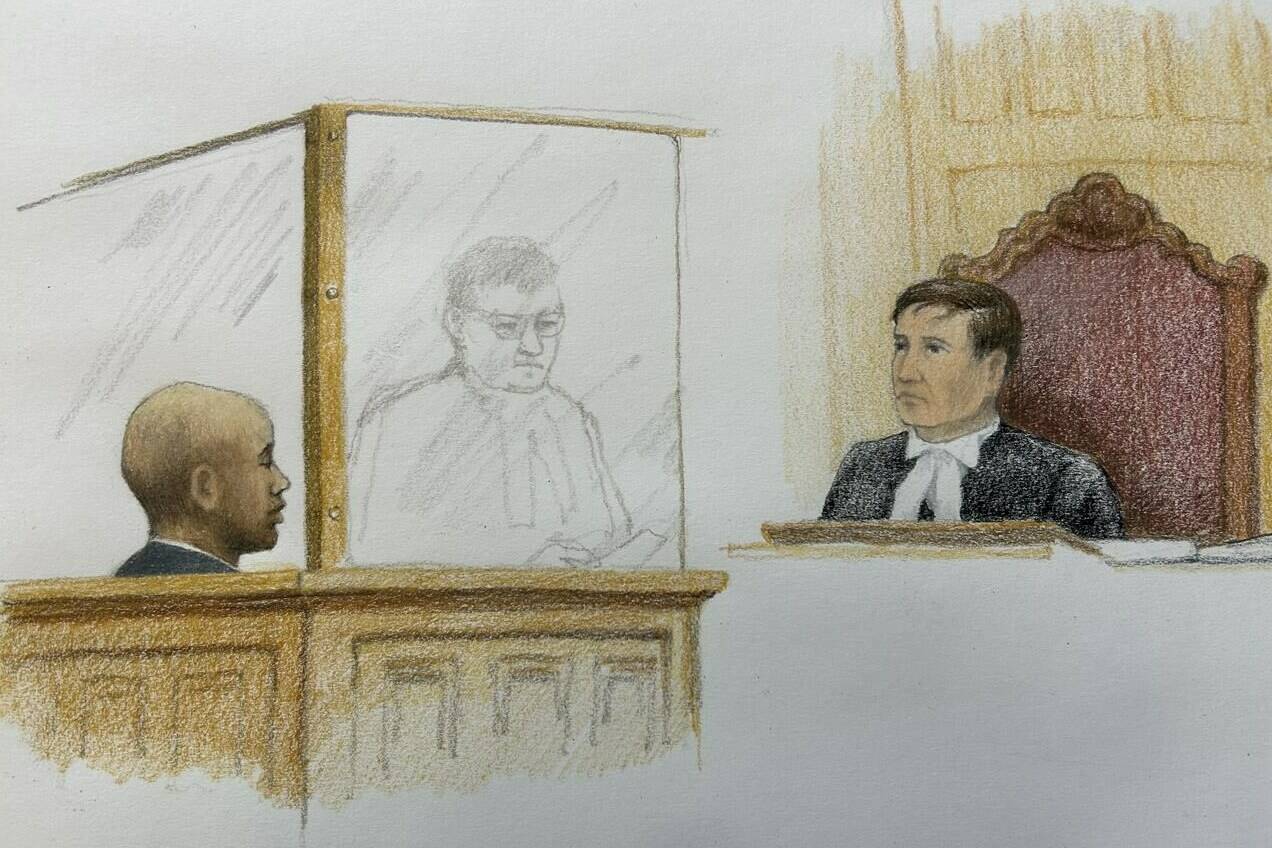 Yannick Bandaogo (left) appears in court before Justice Geoffrey Gaulin in New Westminster, B.C., on Monday, May 29, 2023 in this artist’s sketch. The sentencing hearing for Bandaogo, who attacked numerous people in a fatal North Vancouver stabbing spree two years ago, continues in New Westminster, with family members calling him a “monster” for shattering many lives. THE CANADIAN PRESS/Jane Wolsak