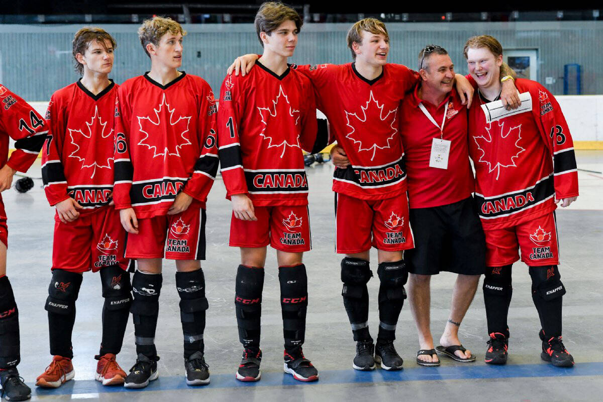 Ridge Meadows players Aidan Chabot, Zach Lovett, and Brandon Osborne helped U18 Team Canada win bronze at the 2023 ISBHF World Junior Ball Hockey Championships. (Liberec/Special to The News)