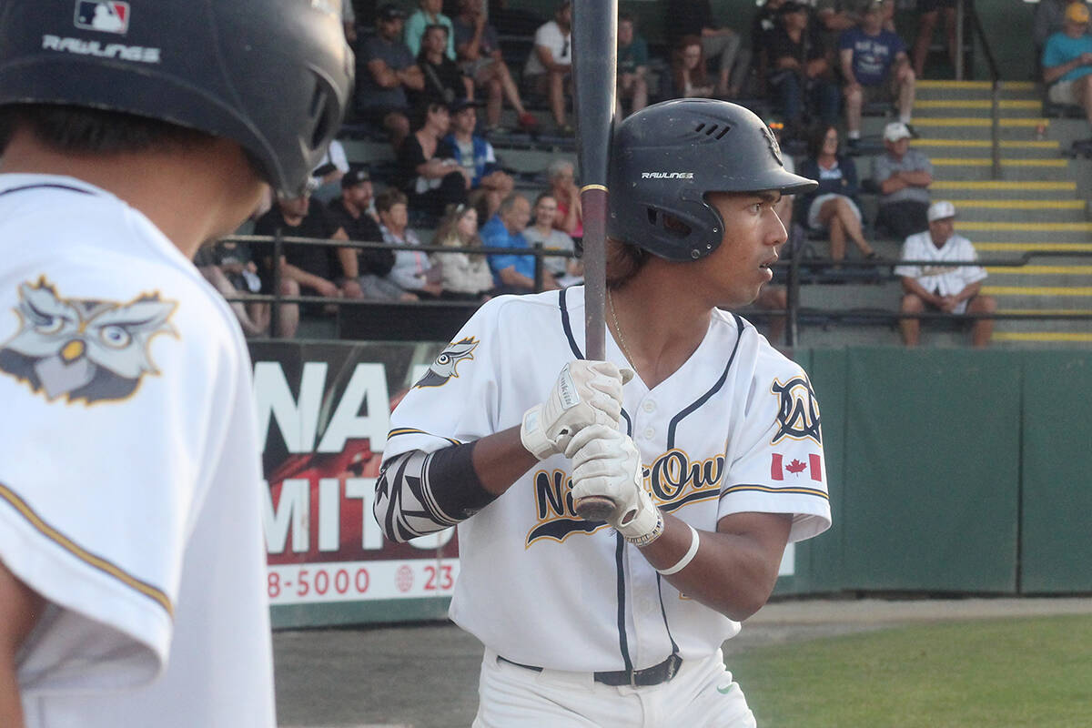Elijah Ickes, in the on-deck circle at a game Tuesday, July 11, at Serauxmen Stadium, is the first-ever Nanaimo NightOwls player to be chosen in the Major League Baseball draft. (Greg Sakaki/News Bulletin)
