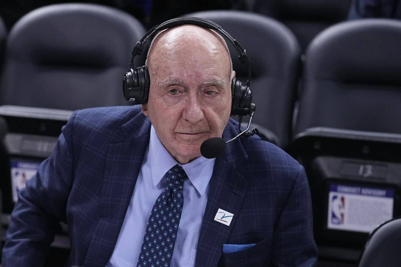 FILE - Dick Vitale prepares to announce an NCAA college basketball game between Michigan State and Kentucky, Nov. 15, 2022, in Indianapolis. Vitale says he has been diagnosed with cancer for a third time. Vitale tweeted Wednesday, July 12, 2023, that he had surgery in Boston this week, and tests revealed that he has vocal cord cancer. He said he will undergo six weeks of radiation treatments. (AP Photo/Darron Cummings File)