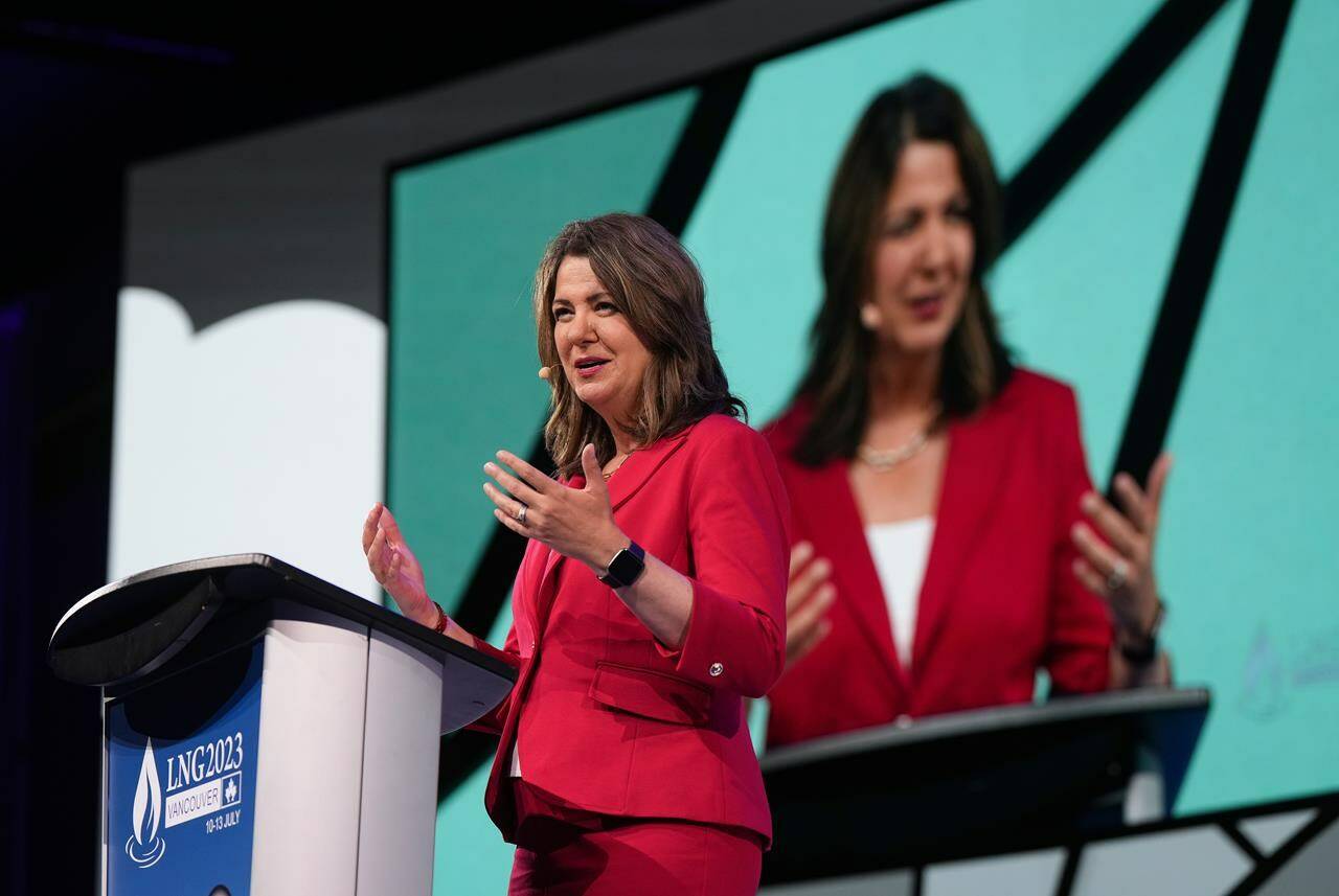 Alberta Premier Danielle Smith gives a keynote address at the the LNG2023 conference in Vancouver, on Thursday, July 13, 2023. THE CANADIAN PRESS/Darryl Dyck