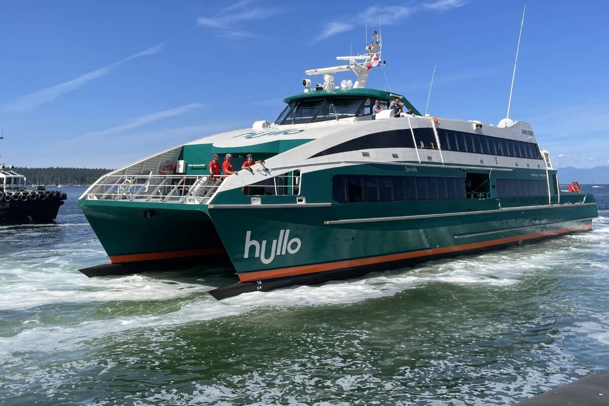 Hullo’s high-speed foot-passenger ferries arrived in Nanaimo Harbour on Friday, July 14, and will begin ferrying passengers between Nanaimo and Vancouver in August. (Chris Bush/News Bulletin)