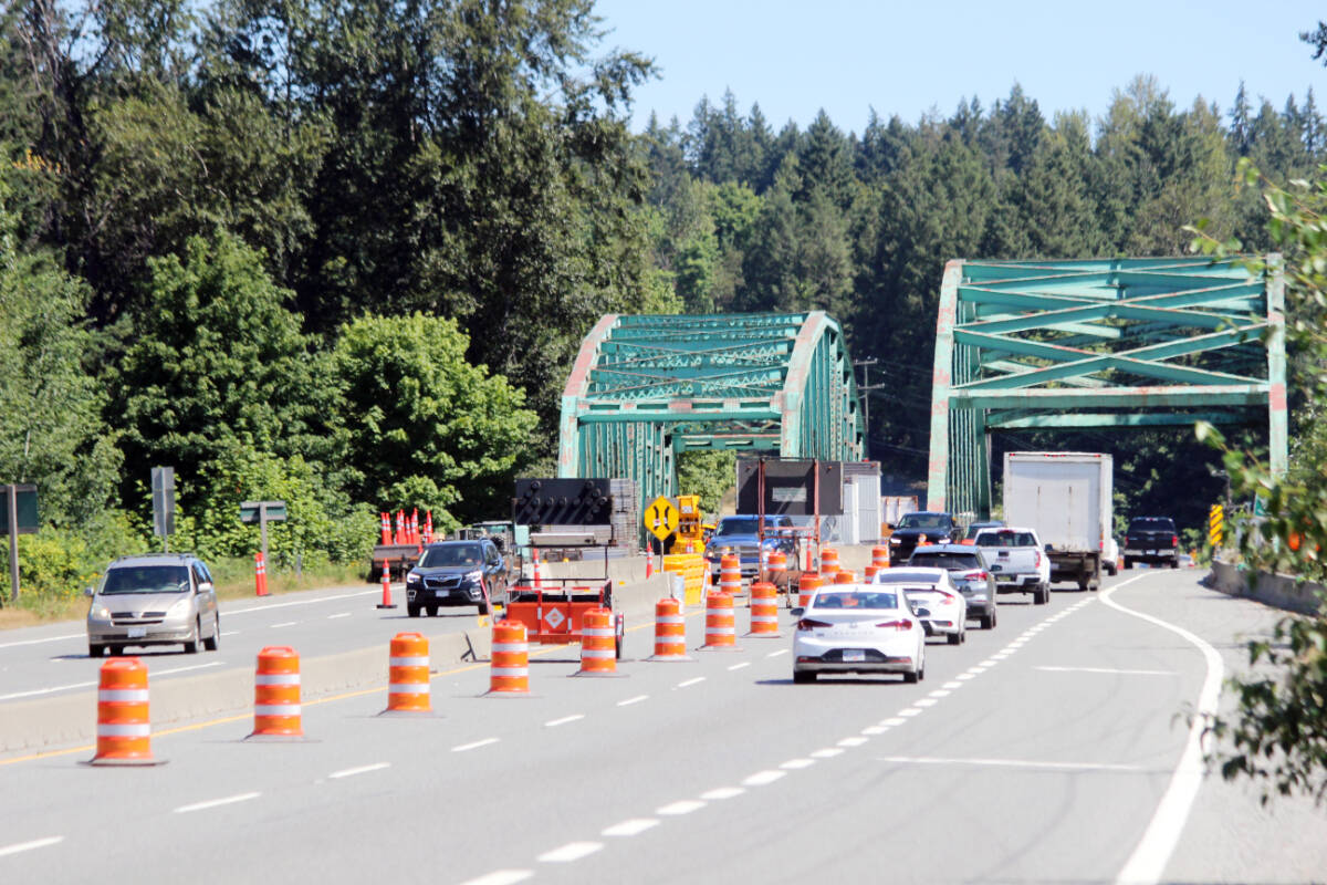 This is the bridge construction area where an officer was struck by a motorcyclist July 7. The Chemainus River truss bridge is now shut down on the Trans-Canada Highway and single lane traffic in each direction will continue on the span bridge for quite some time. (Photo by Don Bodger)