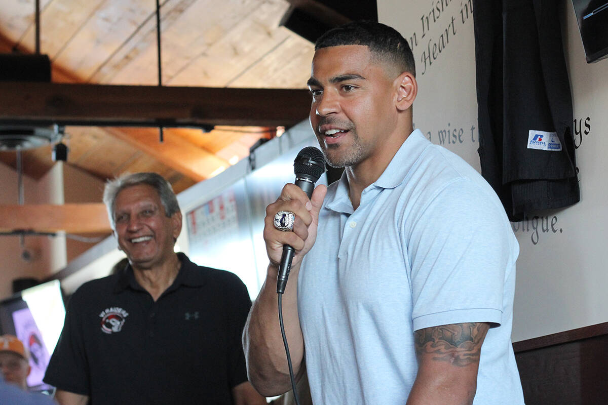 V.I. Raiders head of football operations Andrew Harris, at a corporate season launch event July 5 at Carlos O’Bryan’s Neighbourhood Pub, talks about his goals of re-establishing the Raiders as a premier club in the B.C. Football Conference. (Greg Sakaki/News Bulletin)