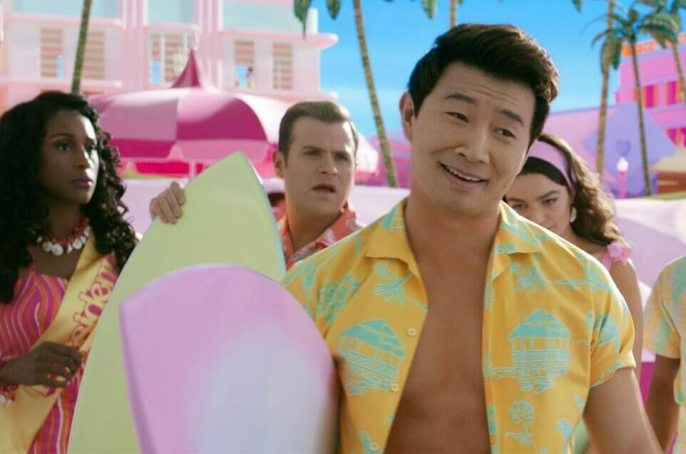 This mage released by Warner Bros. Pictures shows Issa Rae, from left, Scott Evans, Simu Liu and Emma Mackey in a scene from “Barbie.” (Warner Bros. Pictures via AP)