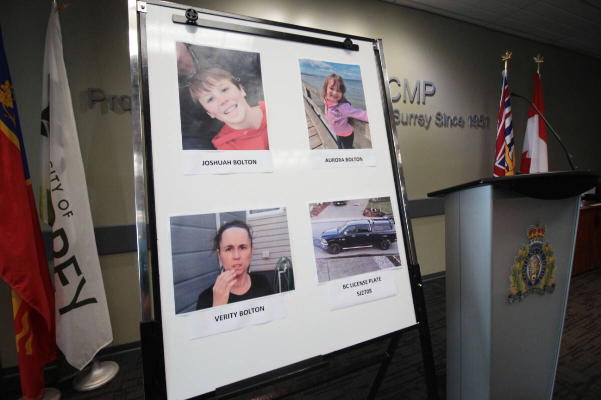Surrey RCMP say the Amber Alert for eight-year-old Aurora Bolton and 10-year-old Joshuah Bolton has been cancelled. They were last seen by their father on June 28 when leaving for a planned vacation with their mother, Verity Bolton. They were supposed to return July 17, 2023. (Lauren Collins)