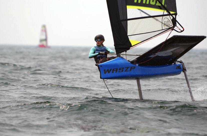 Royal Victoria Yacht Club sailor Grace Poole takes on the hydrofoil challenge of racing a waszp. (Photo by Geoff Webster)