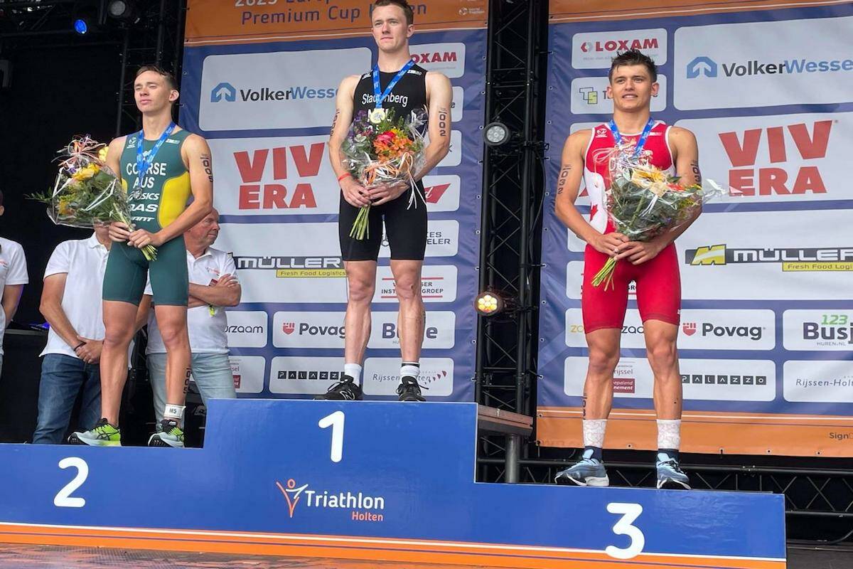 University of Victoria runner Daniel Damian, right, captured bronze on the world stage on July 1 during a triathlon race in the Netherlands. (Courtesy of UVic Vikes)