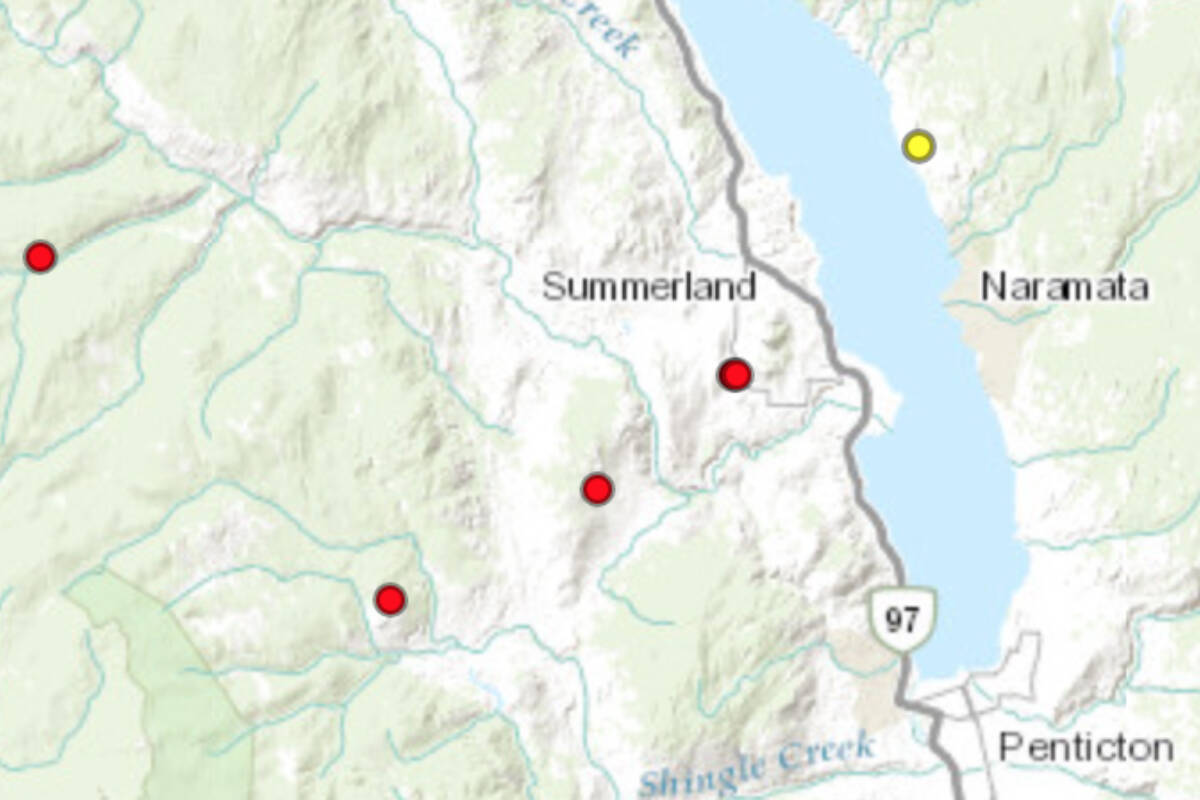 Multiple fires sparked northwest of Penticton Friday, July 21. (Photo- BC Wildfire Service)