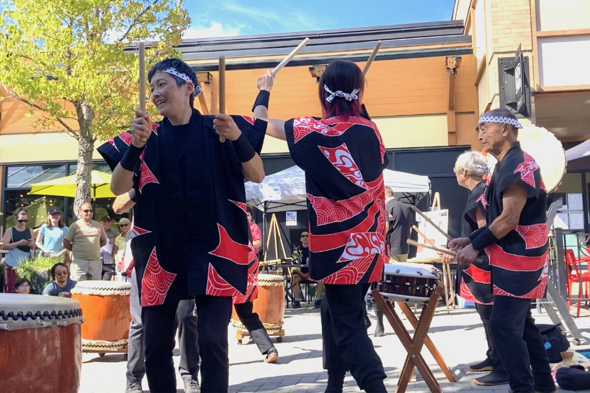 Uminari Taiko performs at the Japanese Cultural Festival at Fudo Japanese Restaurant in Broadmead Village in Saanich on Saturday (July 22). (Bailey Moreton/News Staff)