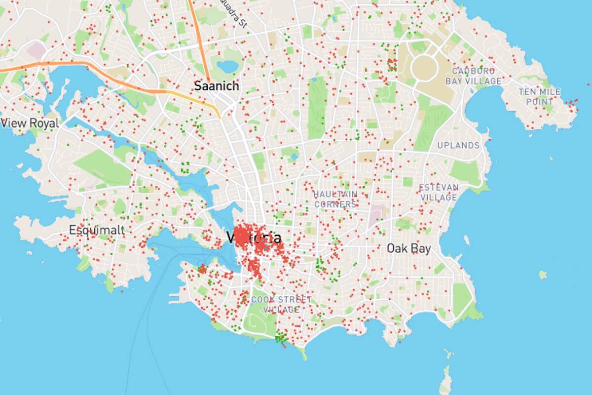 This July 24 screenshot from the non-profit Inside Airbnb shows some of the 4,700 short-term rental listings in Greater Victoria. (Courtesy of Inside Airbnb)