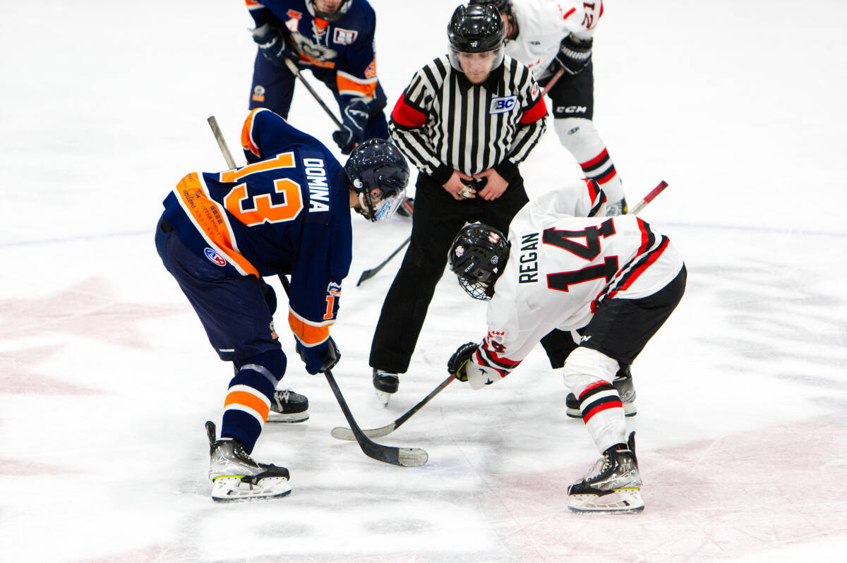 The Kimberley Dynamiters face off against the Columbia Valley Rockies at a game in the 2022-23 regular season, the KIJHL’s last season as Junior B after a decision from BC Hockey reclassifies the league as Junior A. Photo: Paul Rodgers