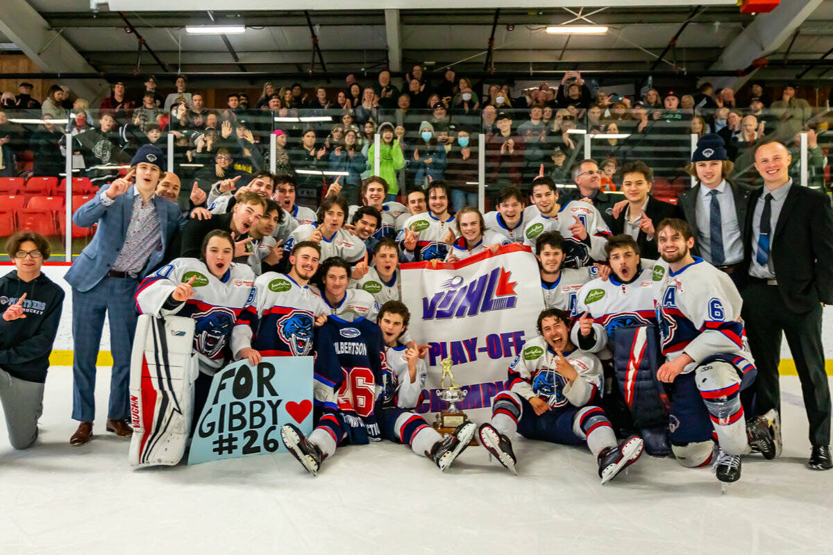 Greater Victoria VIJHL teams are largely celebrating an announcement they will be reclassified as Junior A, Tier 2 from their current Junior B effective this fall. Pictured, the Peninsula Panthers celebrate winning the 2021/2022 VIJHL title at North Saanich’s Panorama Recreation Centre. (File photo courtesy of Christian J. Stewart Photography)