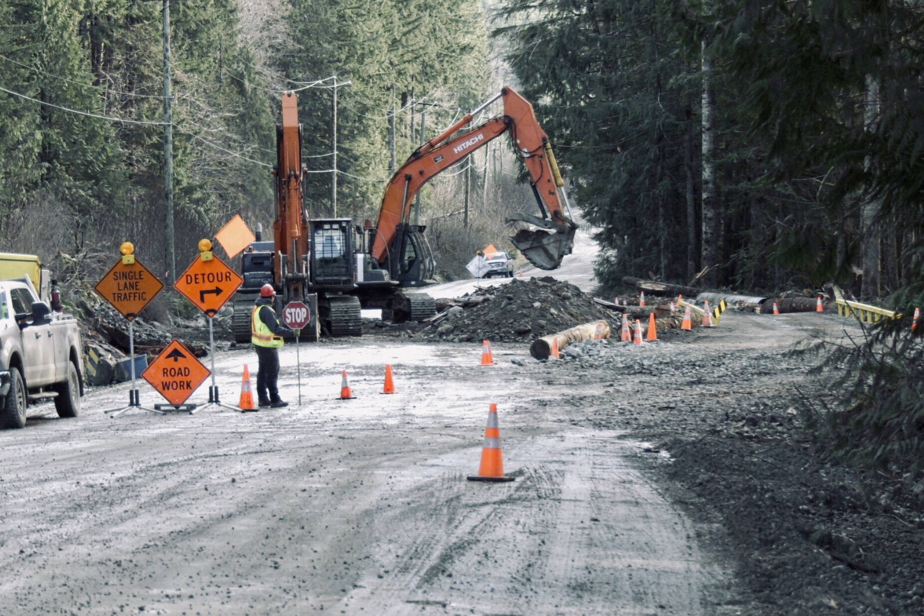 Construction takes place on Bamfield Main in early February 2021. (PHOTO COURTESY CTV NEWS)