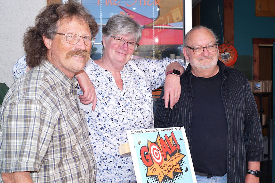 Stick in the Mud regulars Jim Meunier, left, Wendy O’Connor, and Bernie Klassen have formed a co-operative to keep the popular coffeee shop and gathering place open. (Rick Stiebel - Sooke News Mirror)