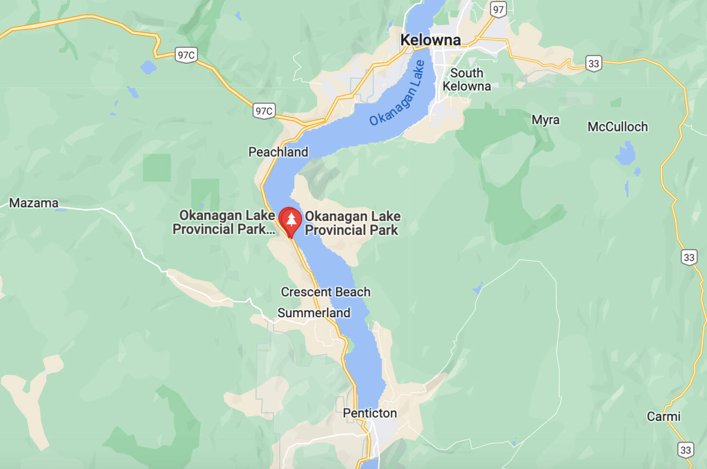 B.C. Parks released a statement saying a child dead after being struck by a falling tree at a Okanagan Lake Provincial Park Saturday. (Google Maps)