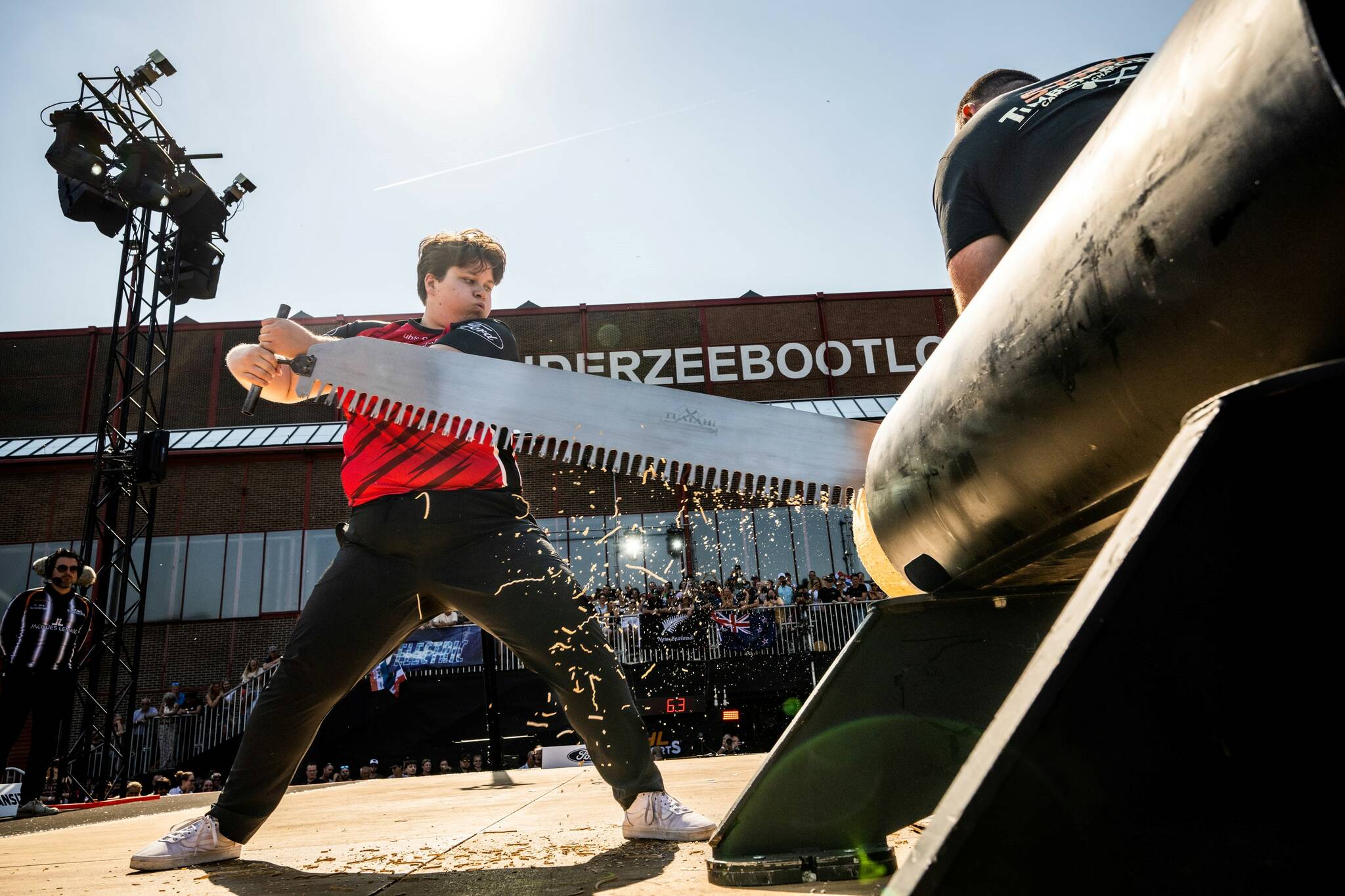 Ally Briscoe breaking the world record in the single buck event at the STIHL TIMBERSPORTS International Women Cup 2023 in Rotterdam on June 10, 2023. (Ally Briscoe/Contributed to Black Press Media)