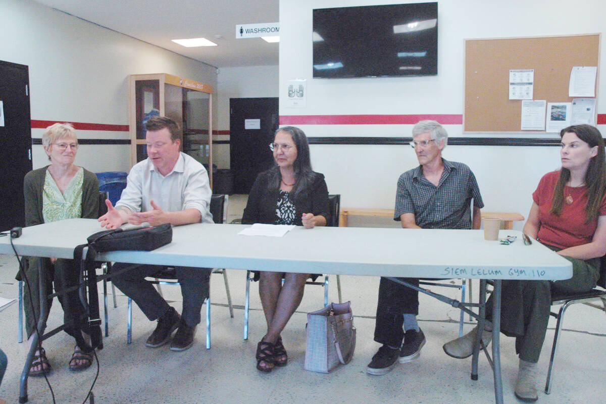 The Cowichan Watershed Board held a news conference on July 31 about the worsening drought in the region. From left are board members Alison Nicholson, co-chair Aaron Stone, co-chair Lydia Hwitsum, David Slade and Dr. Shannon Waters. (Robert Barron/Citizen)