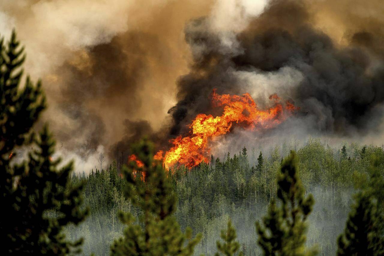 Flames from the Donnie Creek wildfire burn along a ridge top north of Fort St. John, British Columbia, Canada, Sunday, July 2, 2023. A fundraiser has been launched to honour the memory of a firefighter killed while fighting British Columbia’s largest wildfire last week. THE CANADIAN PRESS/AP, Noah Berger