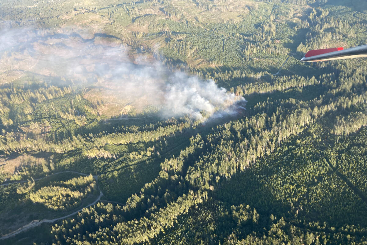 A wildfire in the Tugwell Creek area near Sooke remains out of control. (Coastal Fire Centre photo)