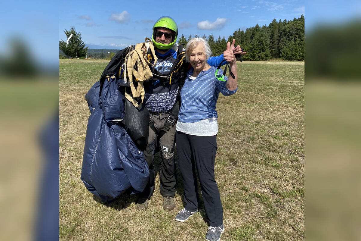 Ruth Goertzen, 84, enjoyed her second skydive, landing at Arbutus Meadows on July 29. (Submitted photo)
