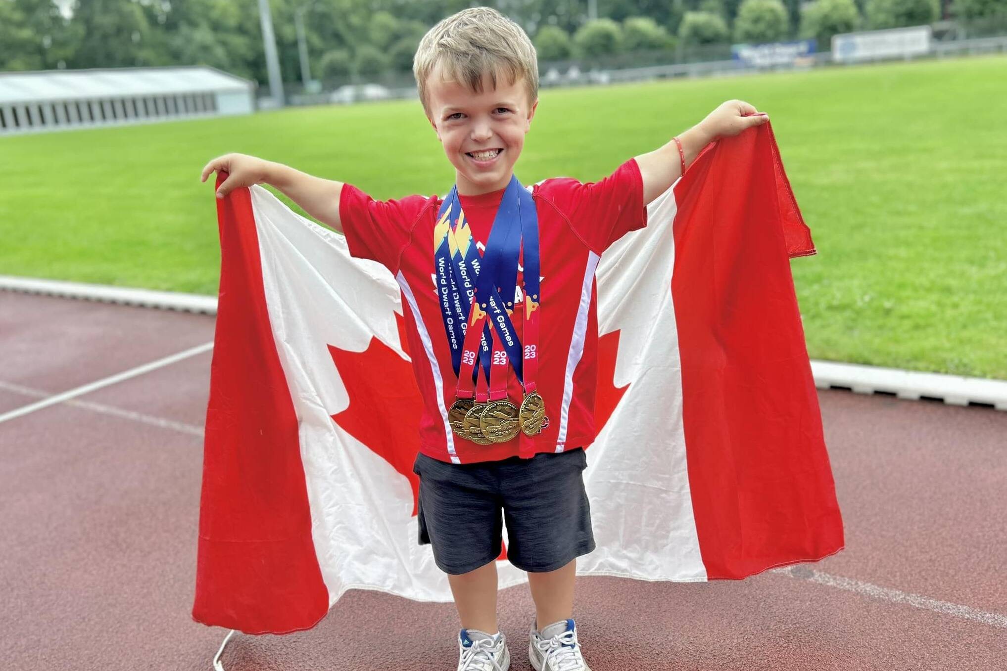 Cowichan’s Declan Forcier, 11, has crushed his track and field goals with quadruple gold at the eighth annual World Dwarf Games in Cologne, Germany. (Tammy Isaachsen photo)