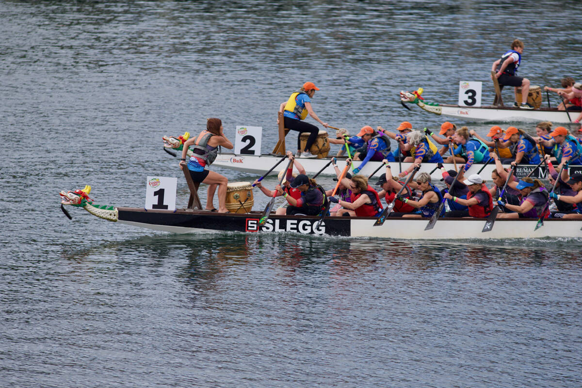 A trio of dragon boats race neck and neck at a previous Victoria Dragon Boat Festival. (Justin Samanski-Langille/News Staff)