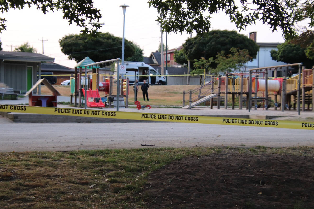 B.C.’s police watchdog, the Independent Investigations Office, on scene with Vancouver Police after officers fatally shot an 18-year-old man in an East Vancouver park in the early hours of Saturday morning, Aug. 5, 2023. (Shane MacKichan)