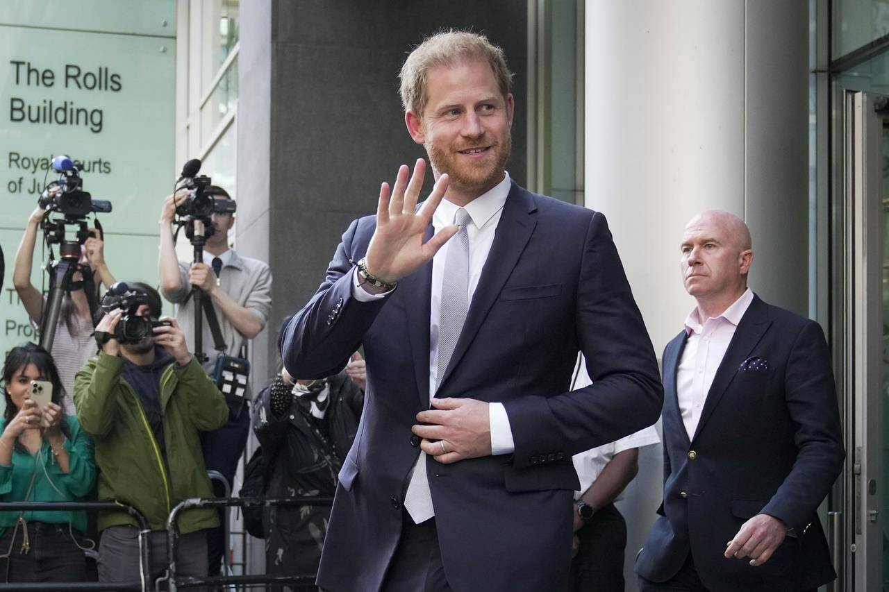Prince Harry leaves the High Court after giving evidence in London, Wednesday, June 7, 2023. A Canadian author says a production company belonging to the Duke and Duchess of Sussex has bought the screen rights for her romantic novel. THE CANADIAN PRESS/AP-Kin Cheung
