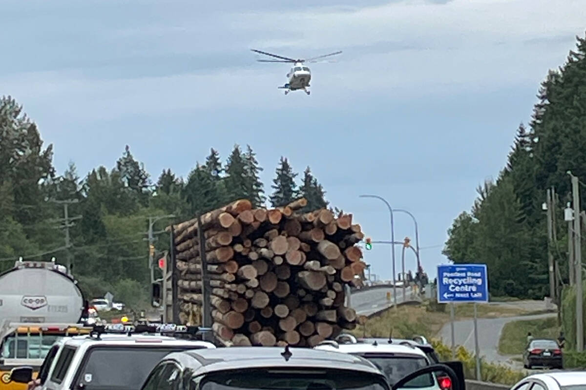 A cyclist was airlifted after a collision along the Trans-Canada Highway south of Ladysmith on Tuesday, Aug. 8. (Duck Paterson photo)