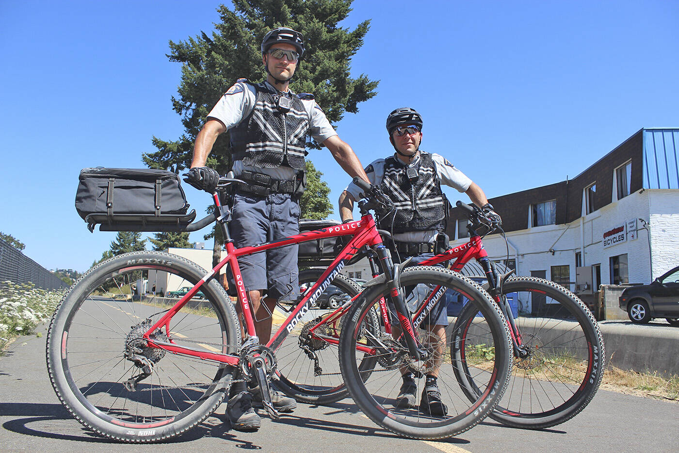 Cpl. Dave Vunic (left) back in 2018 when the West Shore RCMP’s bike patrol unit was established. (Black Press Media file)