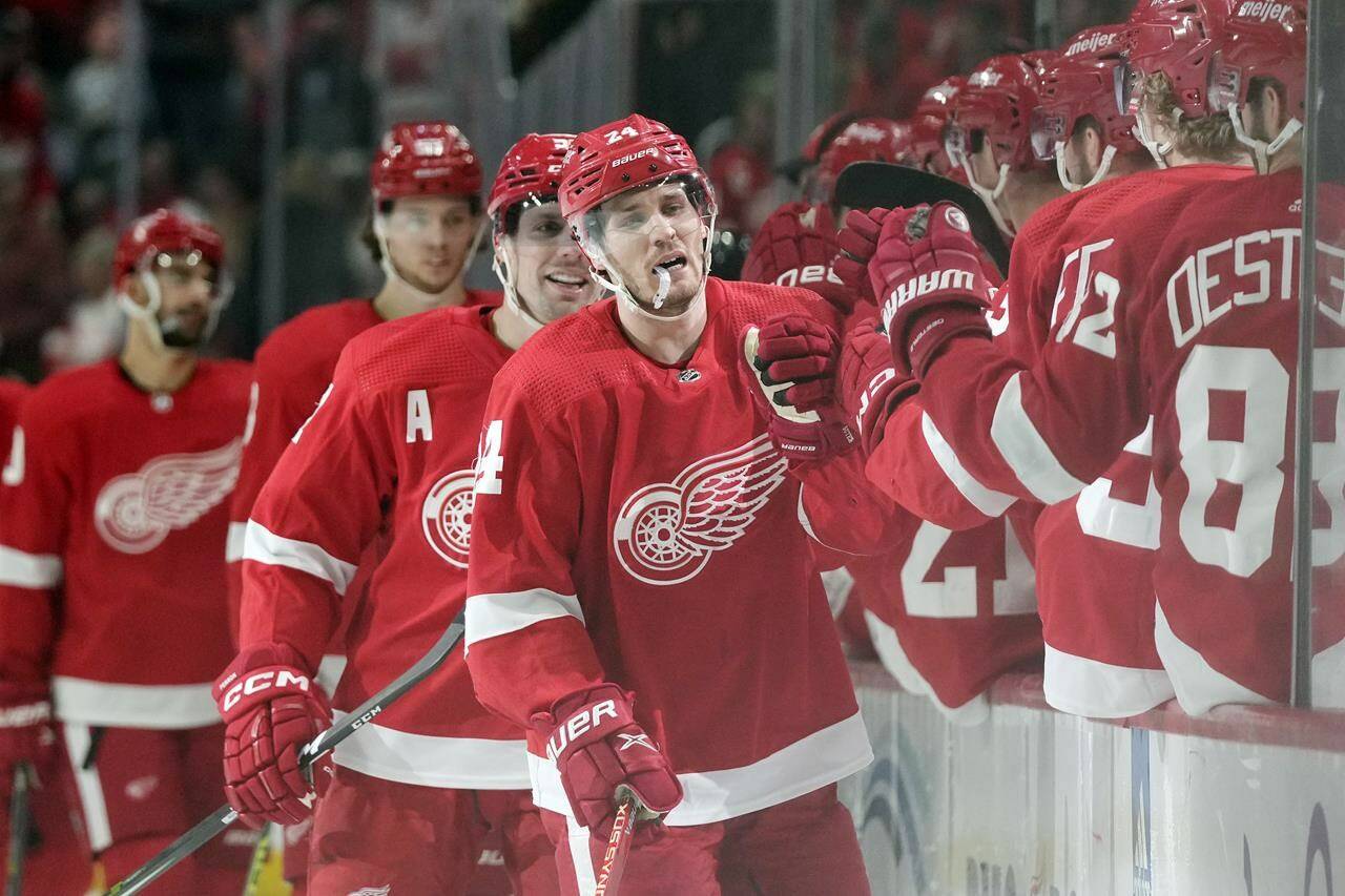 <div>Free agent forward Pius Suter has signed a two-year contract with the Vancouver Canucks, the club announced Friday. Suter greets teammates after scoring during the first period of an NHL hockey game against the Florida Panthers, in Detroit, Monday, March 20, 2023. THE CANADIAN PRESS/AP-Carlos Osorio</div>