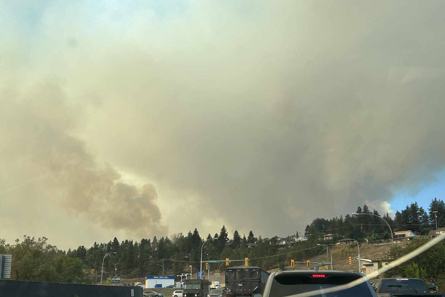 Thick wildfire smoke can be seen from Highway 97 in Lake Country Friday morning. (Contributed)