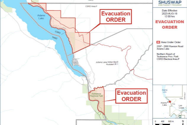 A number of properties on Rawson Road as well as the northern reach of Tsútswecw Park are under an evacuation due to the Lower East Adams Lake wildfire Friday, Aug. 18, 2023. (Shuswap Emergency Program photo)